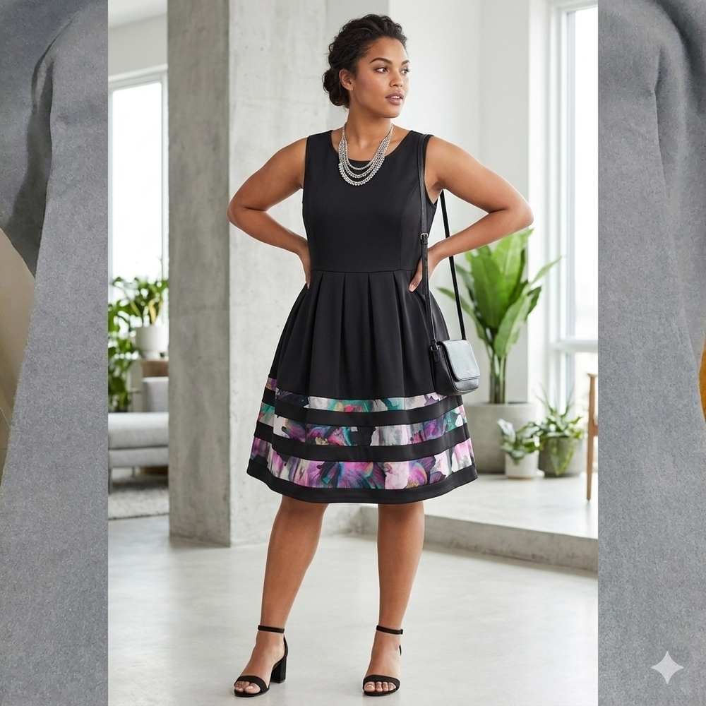 Apt. 9 Digital Floral Border Fit & Flare Pleated Dress with Pockets - XL